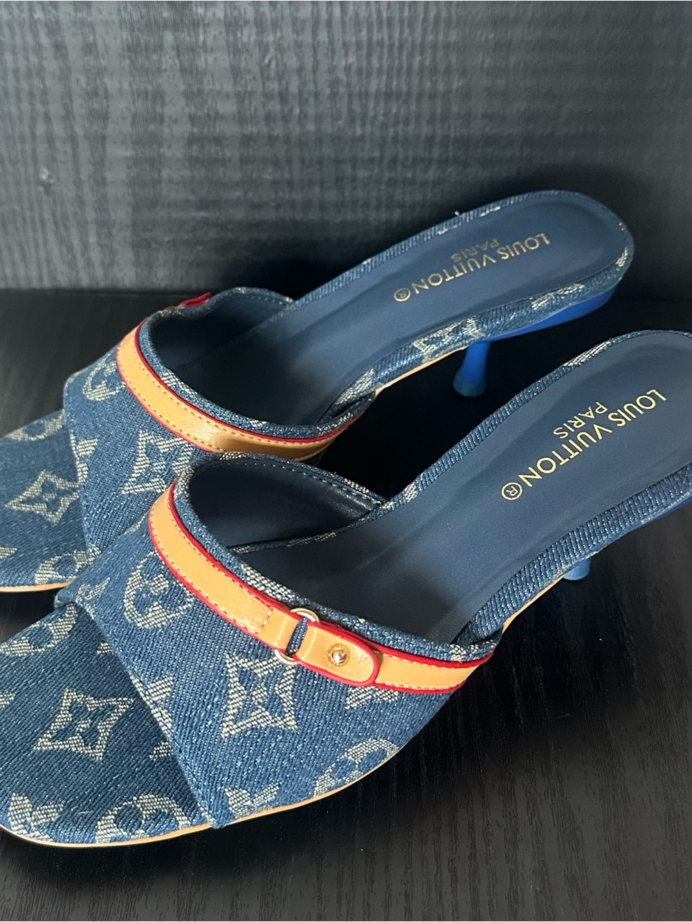 Louis Vuitton Denim Monogram Mules with Orange Trim